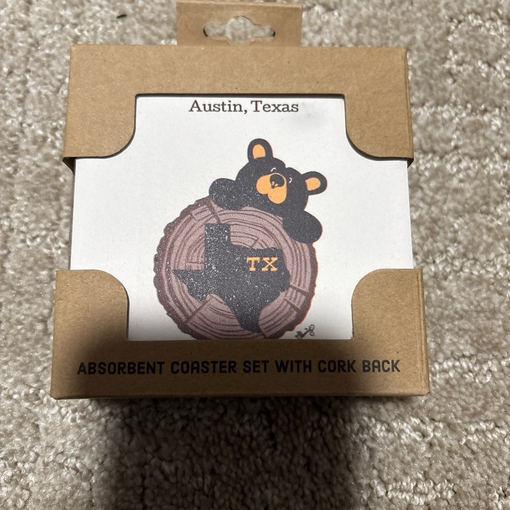 Demdaco Absorbent Coasters (4) Austin Texas Black Bear Jeff Fleming